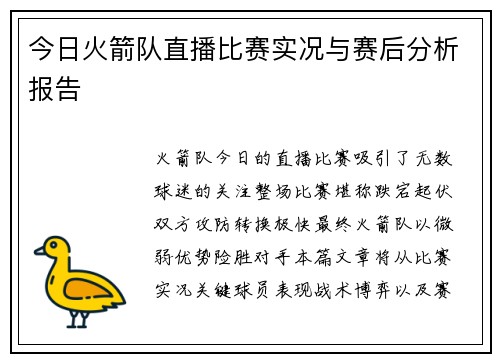 今日火箭队直播比赛实况与赛后分析报告