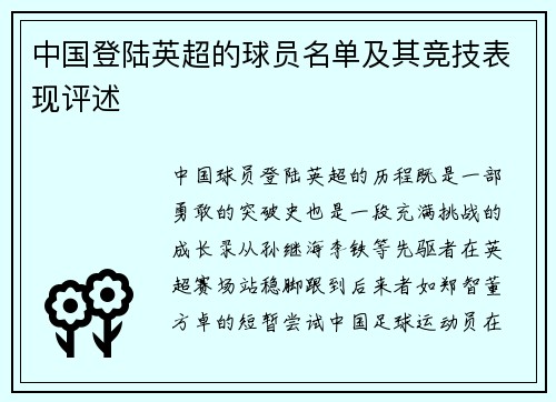 中国登陆英超的球员名单及其竞技表现评述